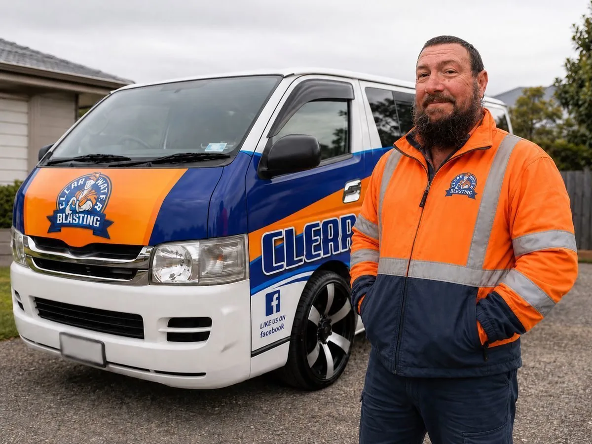 James, owner of Clear Water Blasting Services, beside his branded van