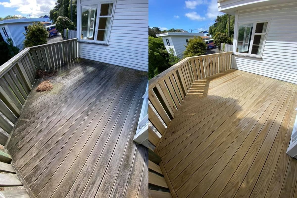 Wellington balcony deck restoration before and after, raised timber balcony weathered black with mould before, fresh honey-toned timber and balustrade after sanding and a clean