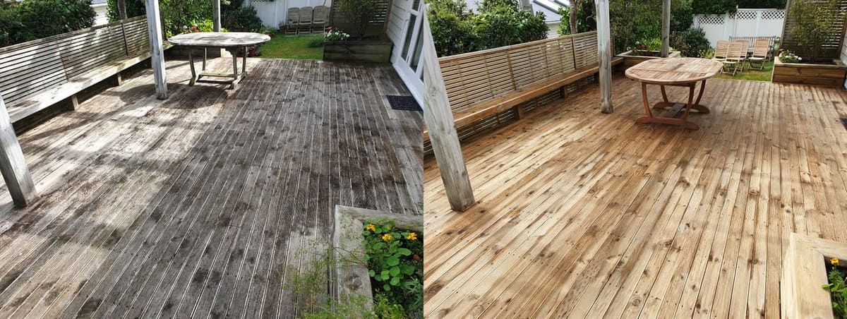 Deck restoration in Karori, before and after, weathered grey timber cleaned and restored to fresh natural tone