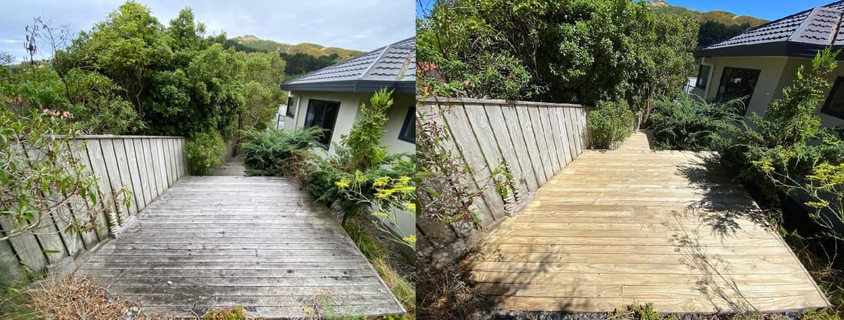 Deck restoration in Karori, before and after, weathered grey timber cleaned and restored to fresh natural tone