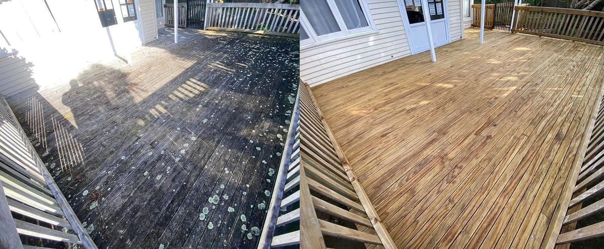 Deck restoration in Miramar, before and after, weathered grey timber cleaned and restored to fresh natural tone