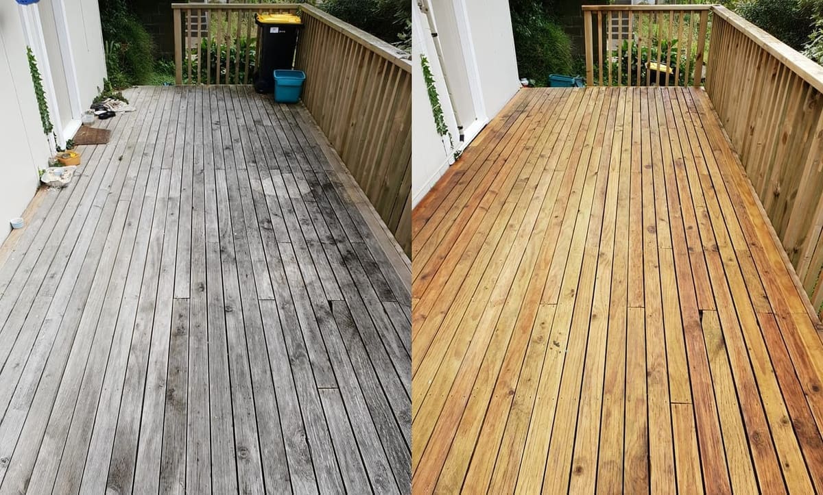 Wellington deck restoration before and after, narrow timber side-deck weathered grey with moss patches before, warm honey-toned timber after sanding and a fresh stain