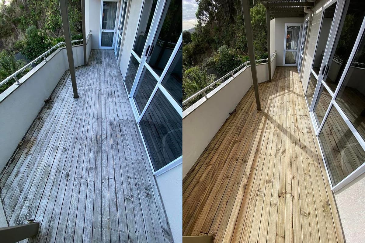 Deck restoration in Paremata Inlet, before and after, weathered grey timber cleaned and restored to fresh natural tone