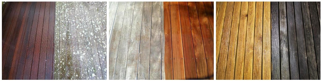Three-panel comparison of timber deck finishes after restoration: dark walnut stain, golden oak stain, and natural matte finish