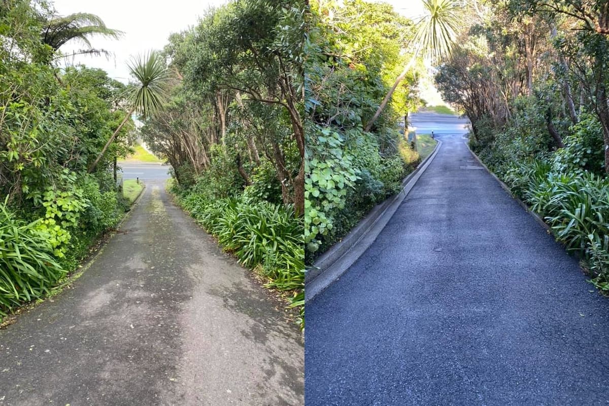 Driveway cleaning in Belmont, before and after, concrete or paver driveway lifted from mossy grey to clean restored surface