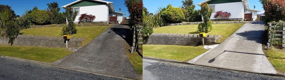 Wellington driveway cleaning before and after, sloped concrete driveway with mossy weathered surface before, clean even concrete after a high-pressure clean