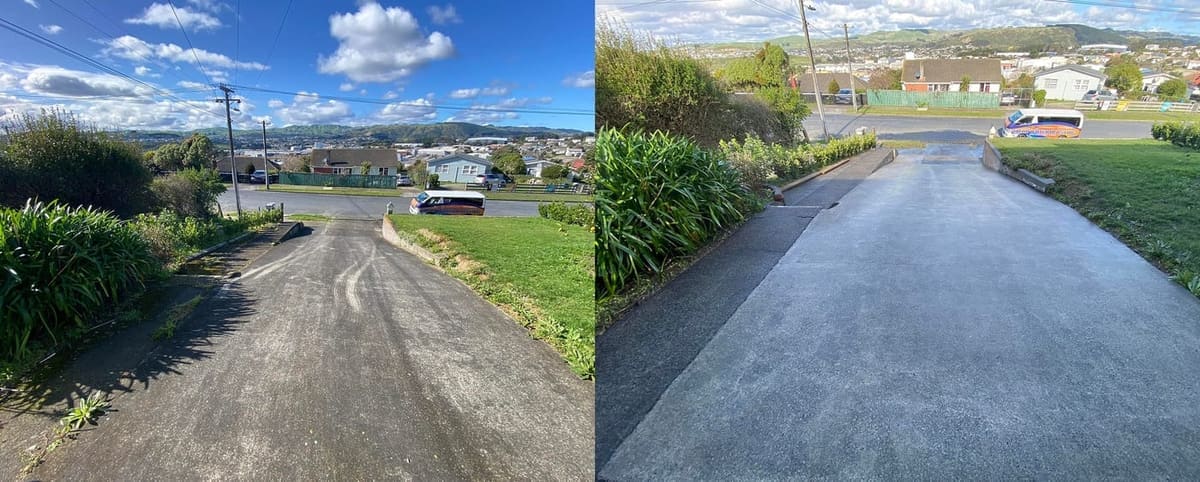 Wellington driveway cleaning before and after, long sloped concrete driveway running down a suburban hillside with mossy weathered surface before, clean even grey concrete after a high-pressure clean