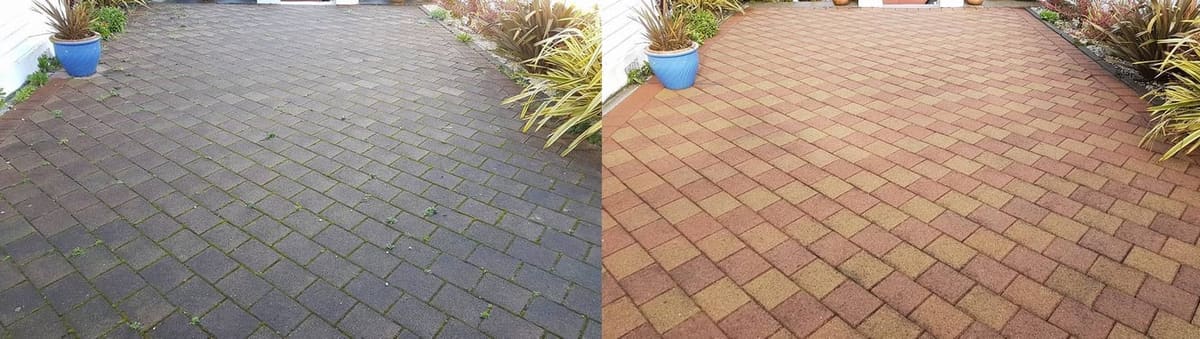 Wellington driveway cleaning before and after, charcoal brick paver driveway with mossy weed-choked joints before, vibrant terracotta paver finish restored after a high-pressure clean