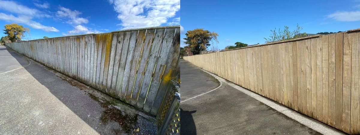 Fence cleaning in Waterloo, before and after, timber boundary fence stripped of mould and lichen, restored to fresh timber