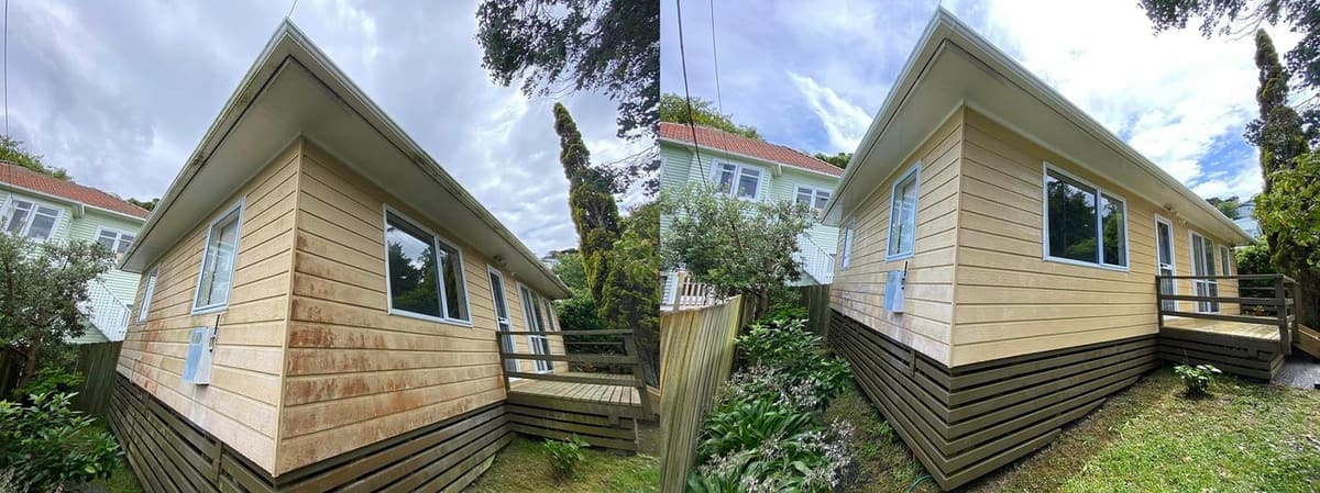 Wellington cedar house wash before and after, cedar weatherboard home with weathered uneven discolouration before, even warm cedar tone after a soft-wash and stain refresh