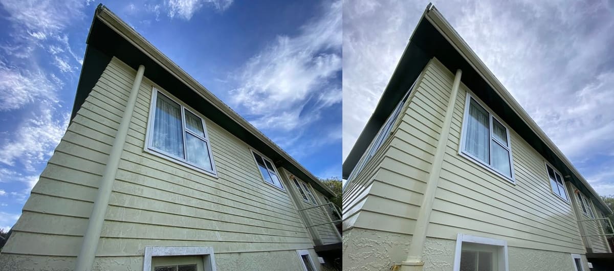House washing in Newlands, before and after a soft-wash treatment, exterior cladding lifted clean of moss, algae and weathering