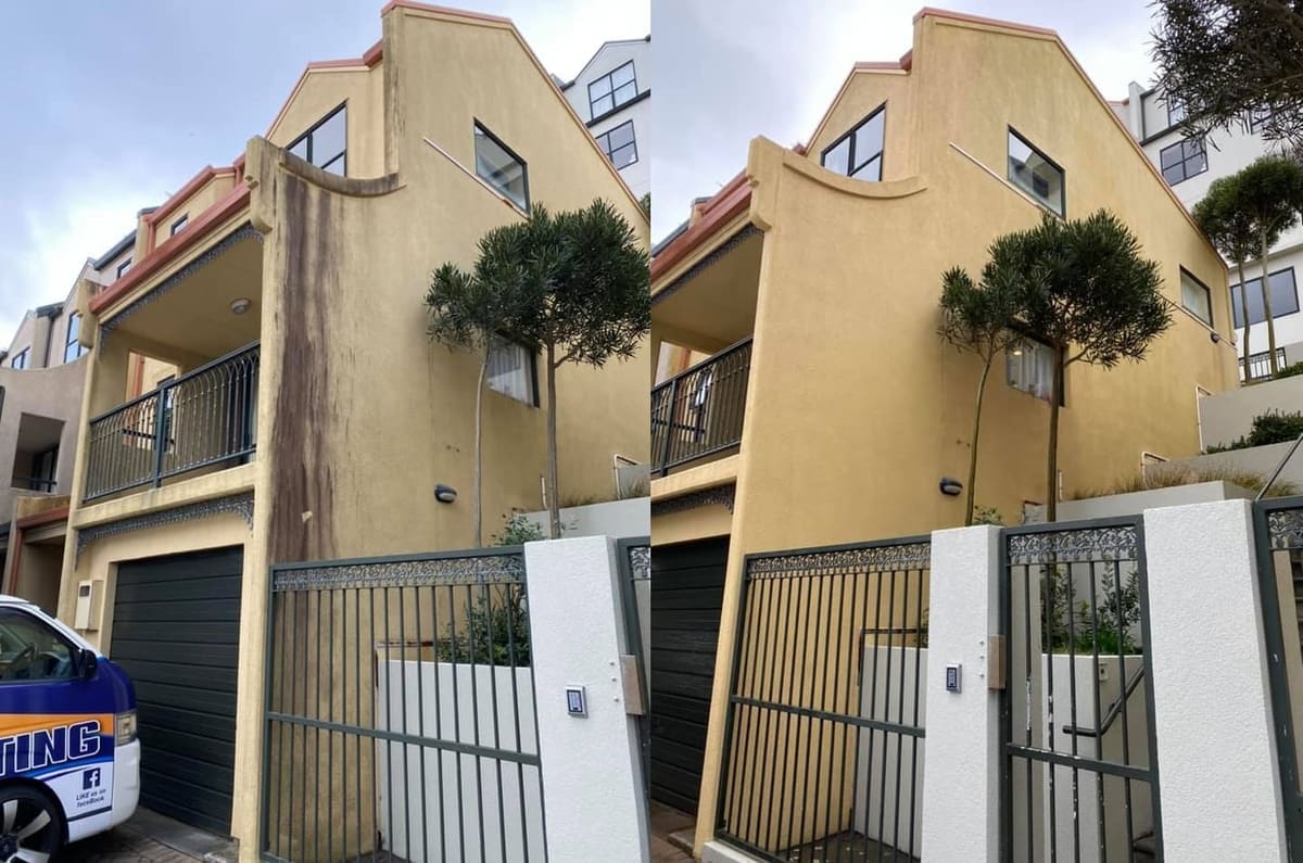 Wellington house wash before and after, three-storey yellow plaster townhouse with a dramatic dark dirt streak down the upper wall before, clean even yellow plaster after a soft-wash with biocide chemistry