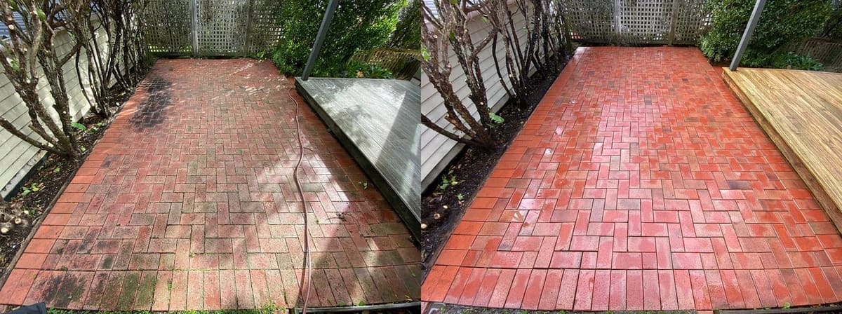 Wellington brick patio cleaning before and after, red brick herringbone courtyard with mould and dirt patches before, vibrant clean red brickwork after a high-pressure clean