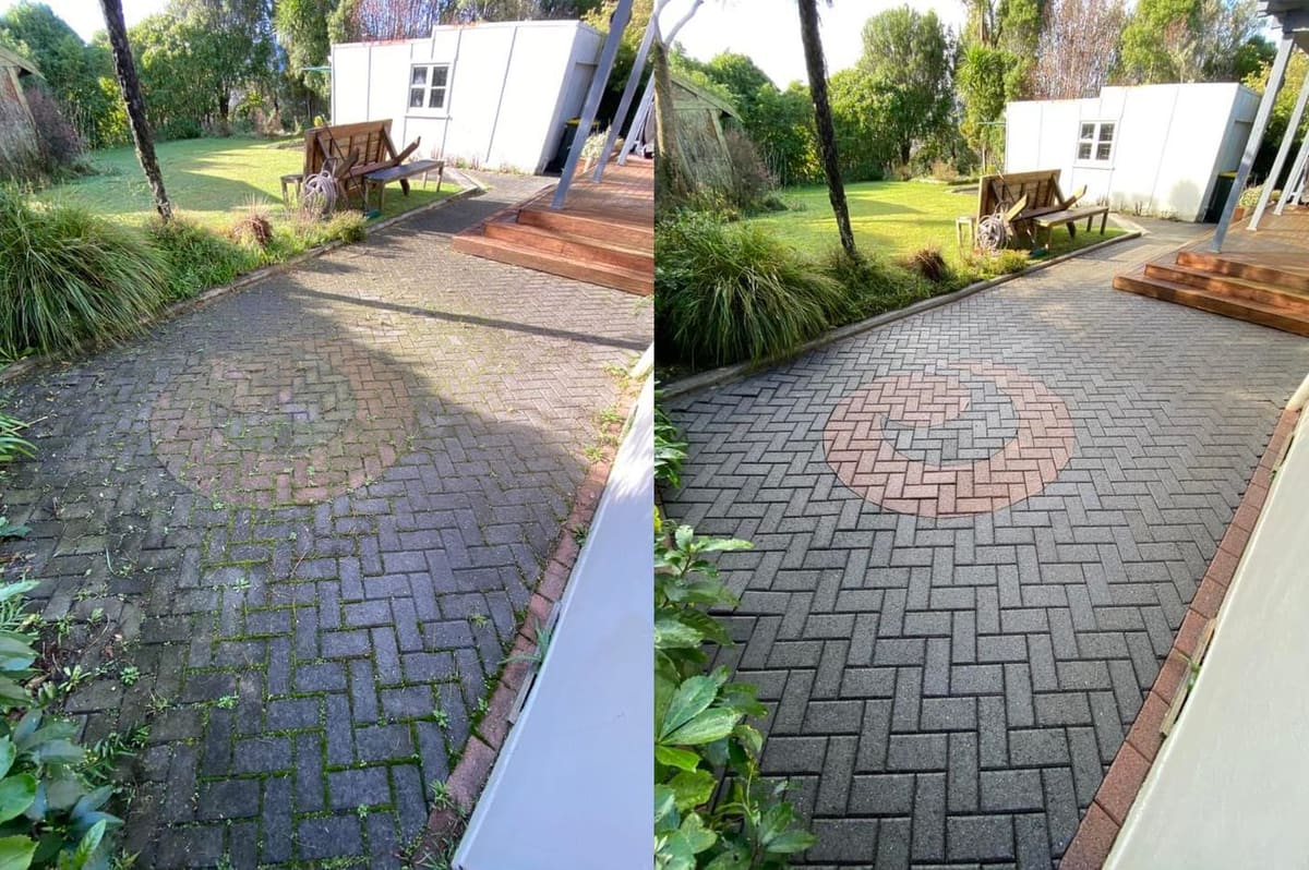 Patio cleaning in Belmont, before and after, paver or brick surface restored from weathered grey to clean original colour