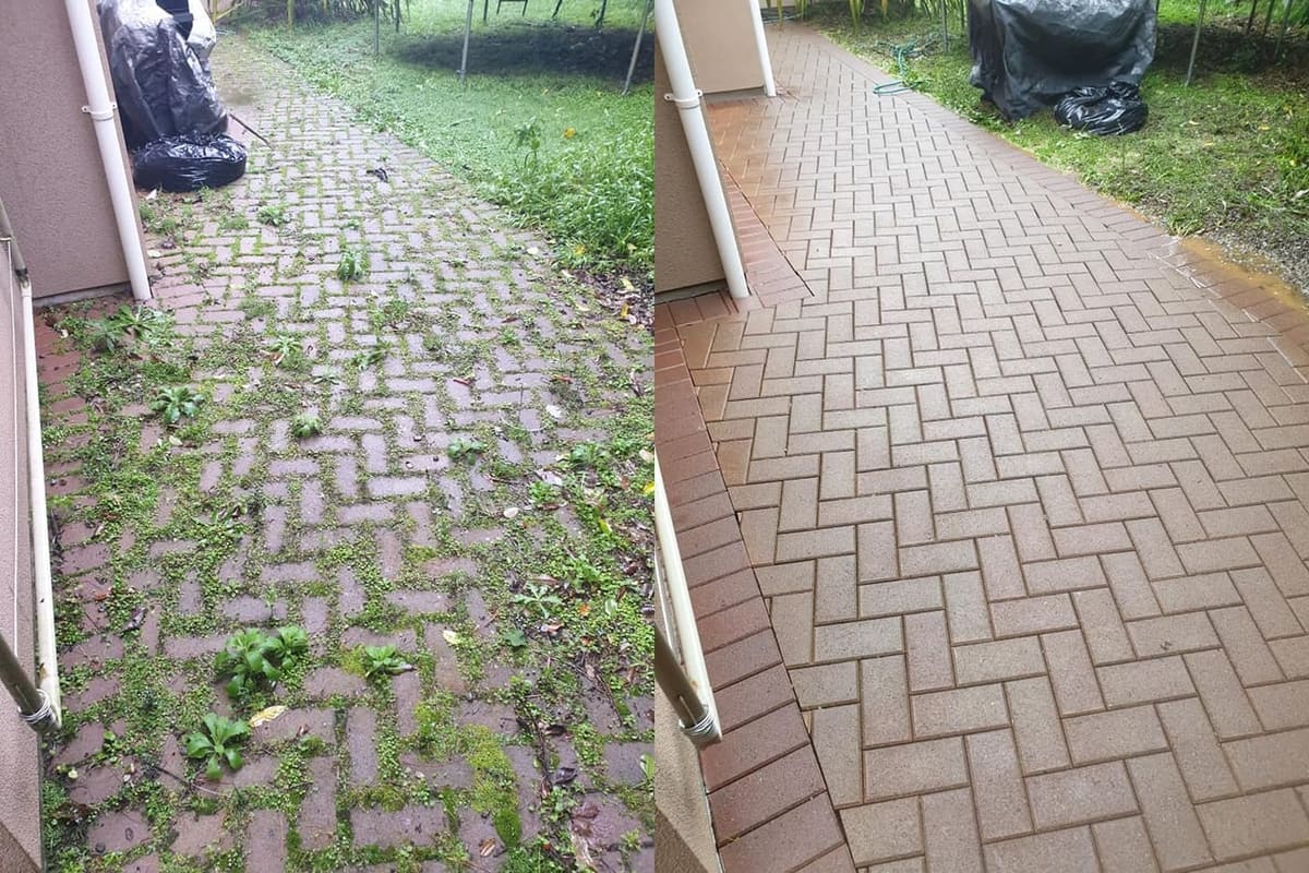 Patio cleaning in Thorndon, before and after, paver or brick surface restored from weathered grey to clean original colour