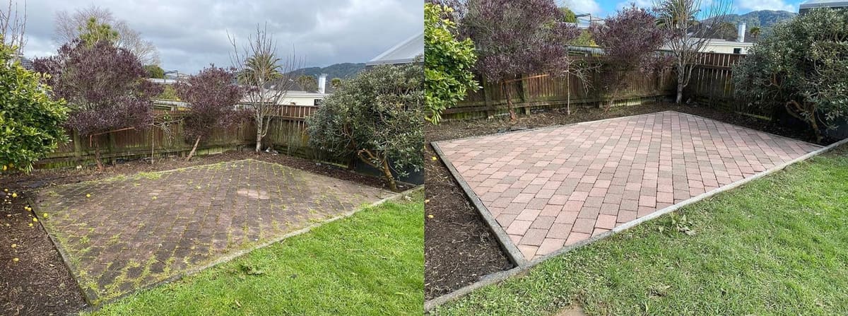 Patio cleaning in Wainuiomata, before and after, paver or brick surface restored from weathered grey to clean original colour
