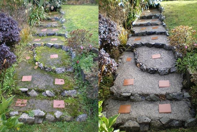 Path cleaning in Papakōwhai, before and after, footpath or garden path cleared of moss, weeds and weathering