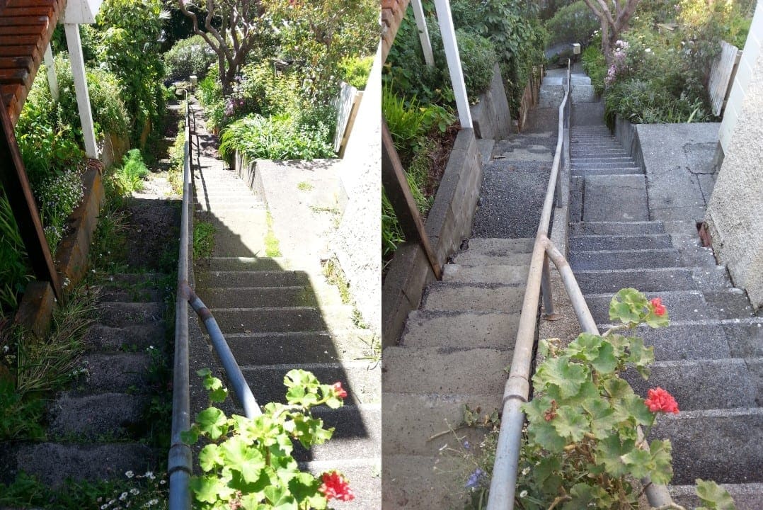 Wellington public concrete steps cleaned, steep concrete steps with mossy weathered surface before, clean clear steps after a high-pressure blast