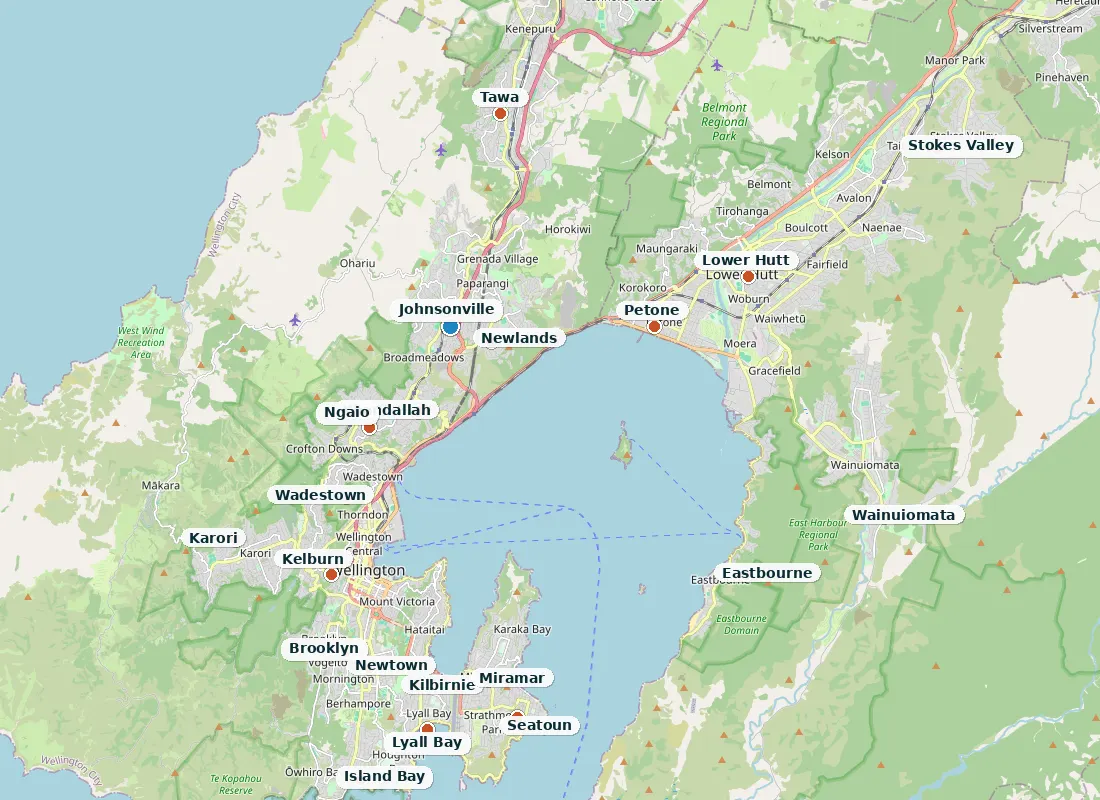 Map of Wellington City and the Hutt Valley showing pins on serviced suburbs from Tawa to Eastbourne, with James's Johnsonville HQ marked